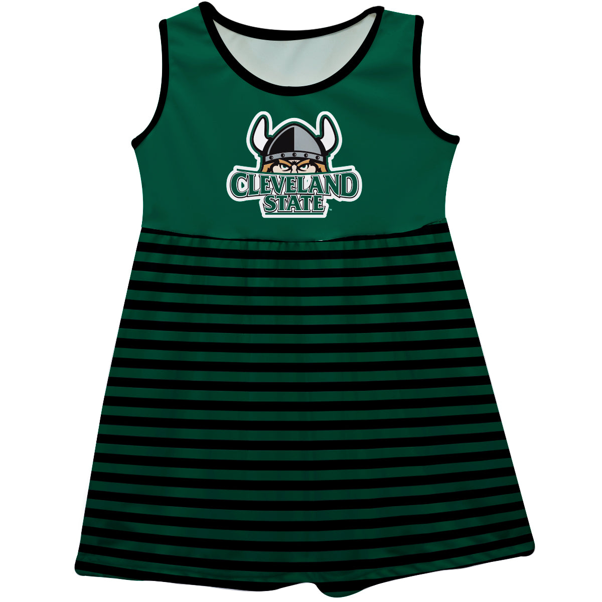 Cleveland State Vikings Girls Game Day Sleeveless Tank Dress Solid Green Logo Stripes on Skirt by Vive La Fete-Campus-Wardrobe