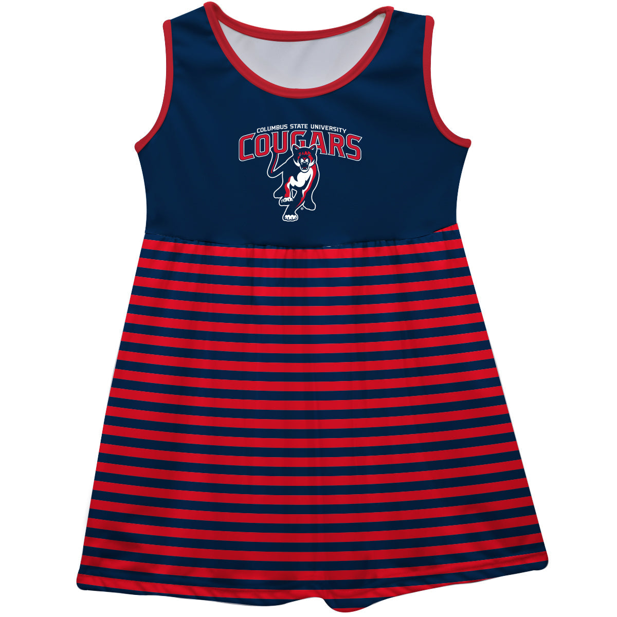 Columbus State Cougars Girls Game Day Sleeveless Tank Dress Solid Navy Logo Stripes on Skirt by Vive La Fete-Campus-Wardrobe