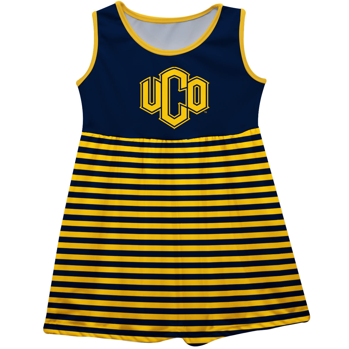 University of Central Oklahoma Blue Sleeveless Tank Dress With Gold Stripes UCO by Vive La Fete-Campus-Wardrobe