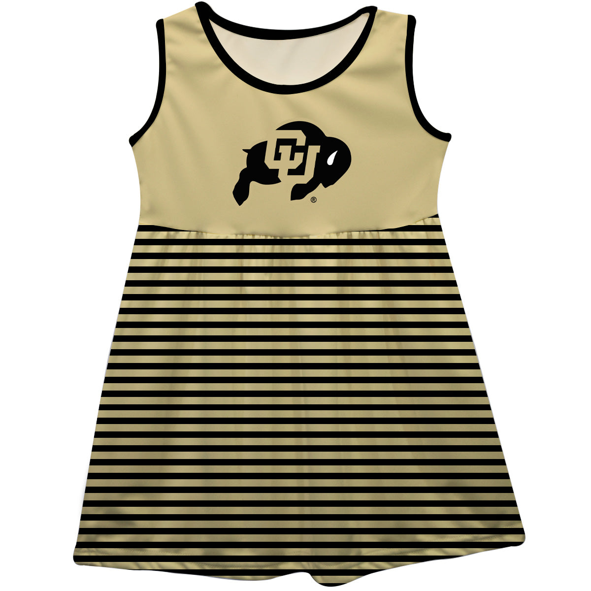 Colorado Buffaloes CU Girls Game Day Sleeveless Tank Dress Solid Gold Logo Stripes on Skirt by Vive La Fete-Campus-Wardrobe