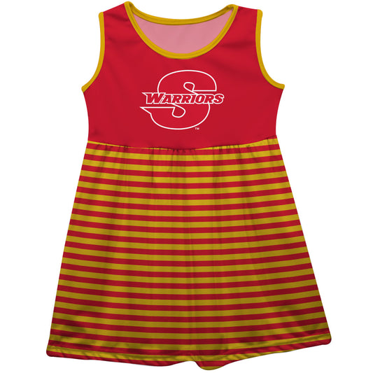 Cal State Stanislaus Warriors CSUSTAN Red and Gold Sleeveless Tank Dress with Stripes on Skirt by Vive La Fete-Campus-Wardrobe