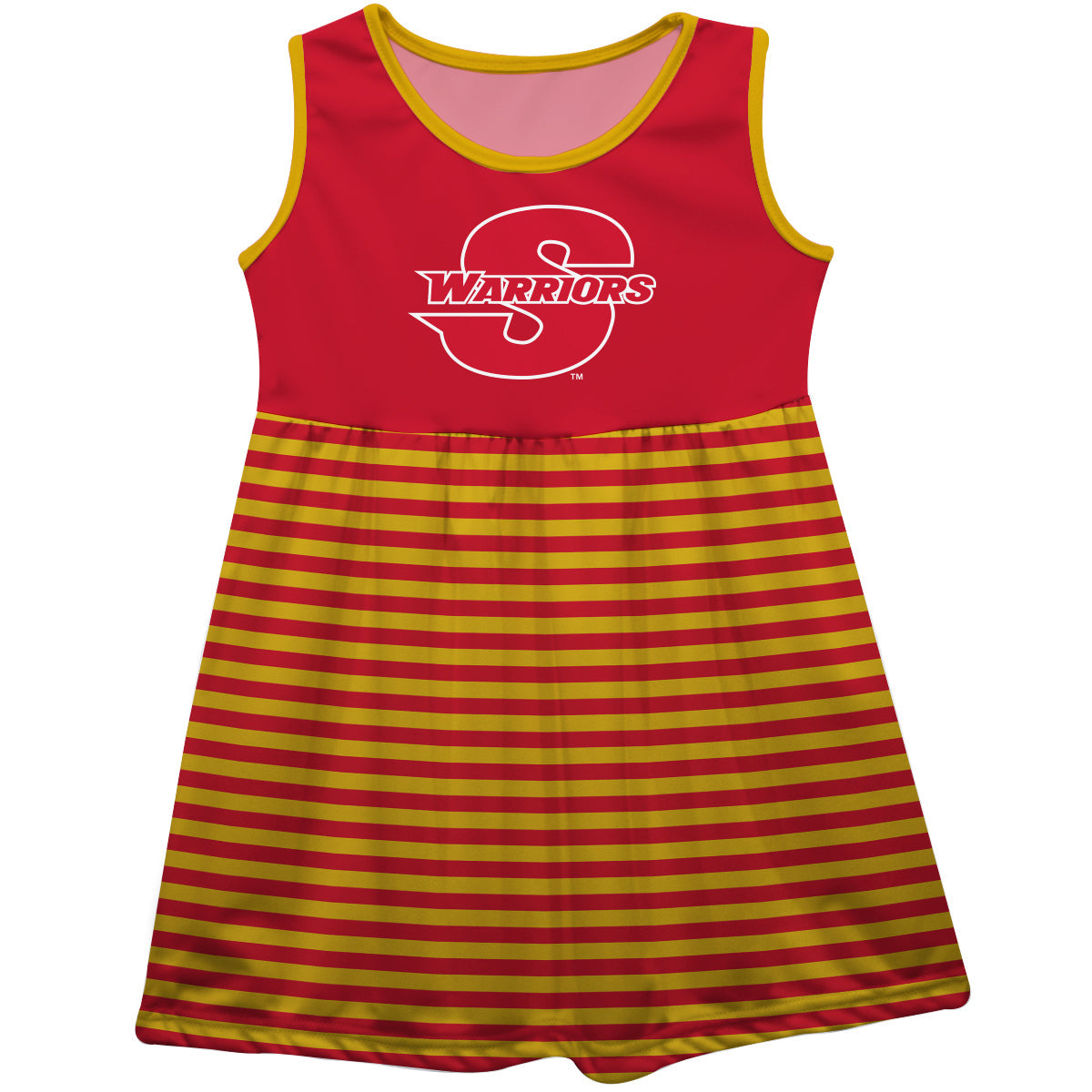 Cal State Stanislaus Warriors CSUSTAN Red and Gold Sleeveless Tank Dress with Stripes on Skirt by Vive La Fete-Campus-Wardrobe