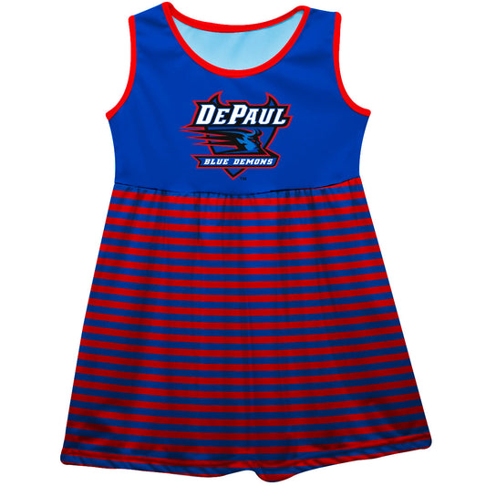 Depaul Blue Demons Girls Game Day Sleeveless Tank Dress Solid Blue Logo Stripes on Skirt by Vive La Fete-Campus-Wardrobe