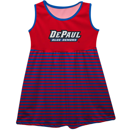 Depaul Blue Demons Girls Game Day Sleeveless Tank Dress Solid Red Logo Stripes on Skirt by Vive La Fete-Campus-Wardrobe