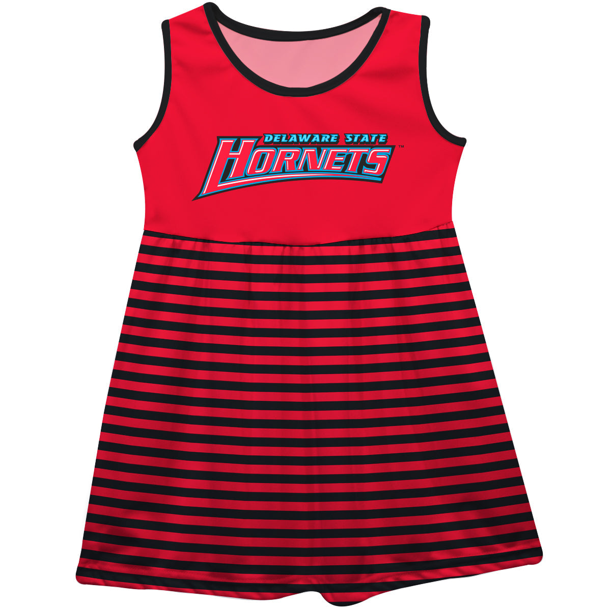 Delaware State University Hornets Red and Black Sleeveless Tank Dress with Stripes on Skirt by Vive La Fete-Campus-Wardrobe