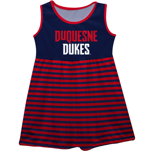 Duquesne Dukes Girls Game Day Sleeveless Tank Dress Solid Blue Logo Stripes on Skirt by Vive La Fete-Campus-Wardrobe