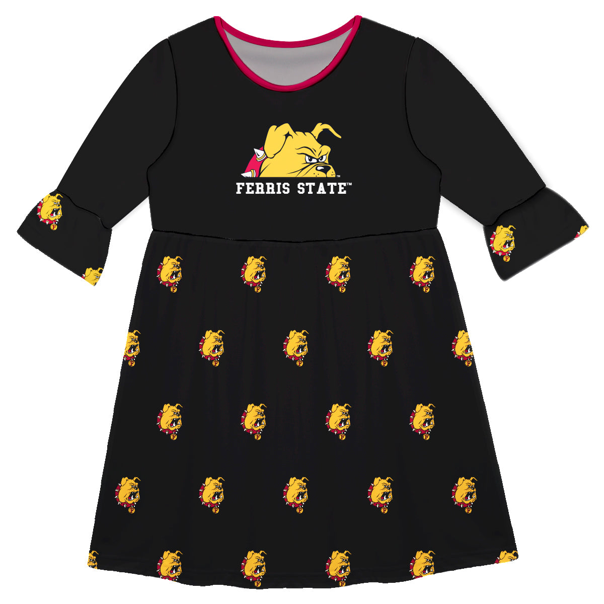 Ferris State University Bulldogs Girls Game Day 3/4 Sleeve Solid Black All Over Logo on Skirt by Vive La Fete-Campus-Wardrobe