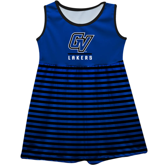 Grand Valley State Lakers Girls Game Day Sleeveless Tank Dress Solid Blue Logo Stripes on Skirt by Vive La Fete-Campus-Wardrobe