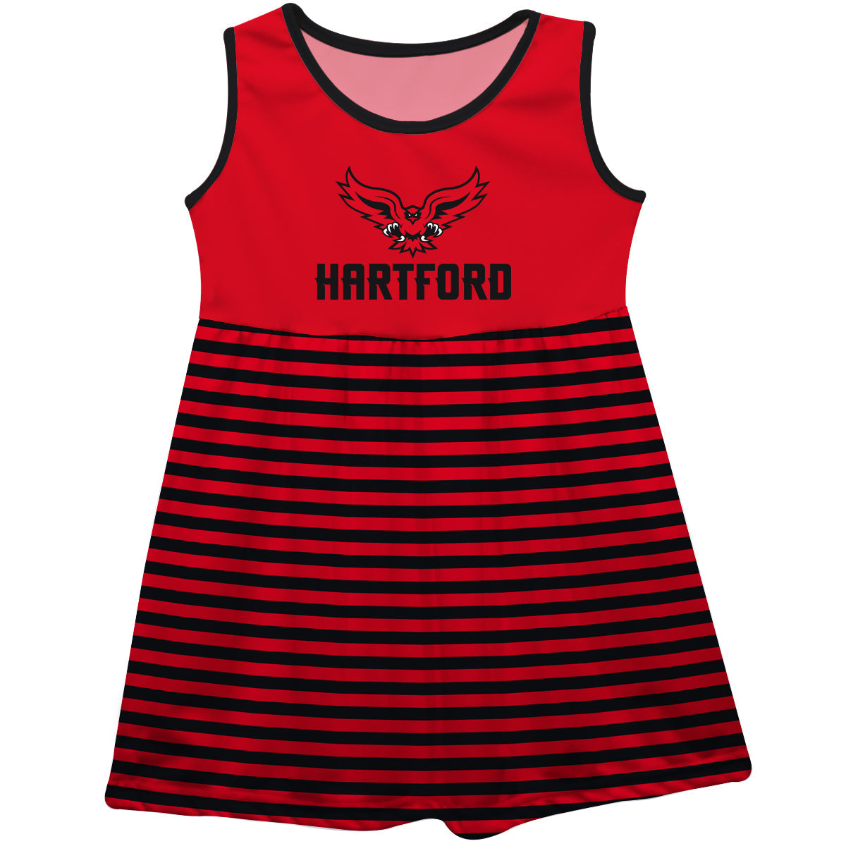 University of Hartford Hawks Red and Black Sleeveless Tank Dress with Stripes on Skirt by Vive La Fete-Campus-Wardrobe