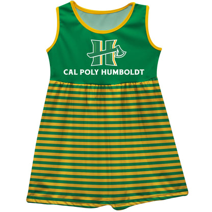 Cal Poly Humboldt Lumberjacks Green and Gold Sleeveless Tank Dress with Stripes on Skirt by Vive La Fete-Campus-Wardrobe