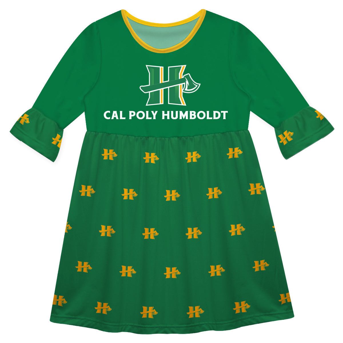 Cal Poly Humboldt Lumberjacks Girls Game Day 3/4 Sleeve Solid Green All Over Logo on Skirt by Vive La Fete-Campus-Wardrobe