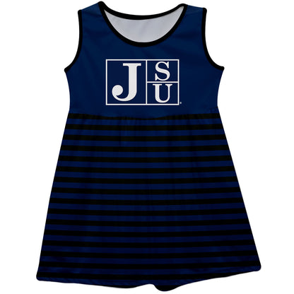 Jackson State University Tigers Girls Game Day Sleeveless Tank Dress Solid Navy Logo Stripes on Skirt by Vive La Fete-Campus-Wardrobe