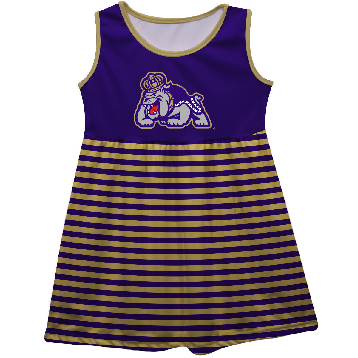 JMU Dukes Girls Game Day Sleeveless Tank Dress Solid Purple Mascot Stripes on Skirt by Vive La Fete-Campus-Wardrobe