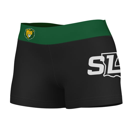 Southeastern Lions Logo on Thigh and Waistband Black & Green Womens Yoga Booty Workout Shorts by Vive La Fete