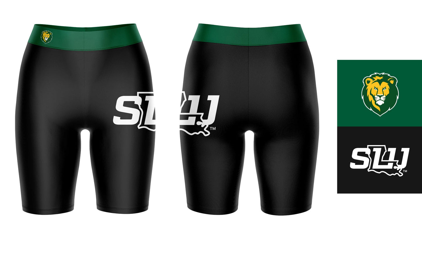 Southeastern Lions Game Day Logo on Thigh and Waistband Black and Green Womens Bike Shorts by Vive La Fete