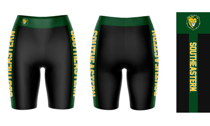 Southeastern Louisiana Lions Game Day Logo on Waistband and Green Stripes Black Womens Bike Shorts by Vive La Fete