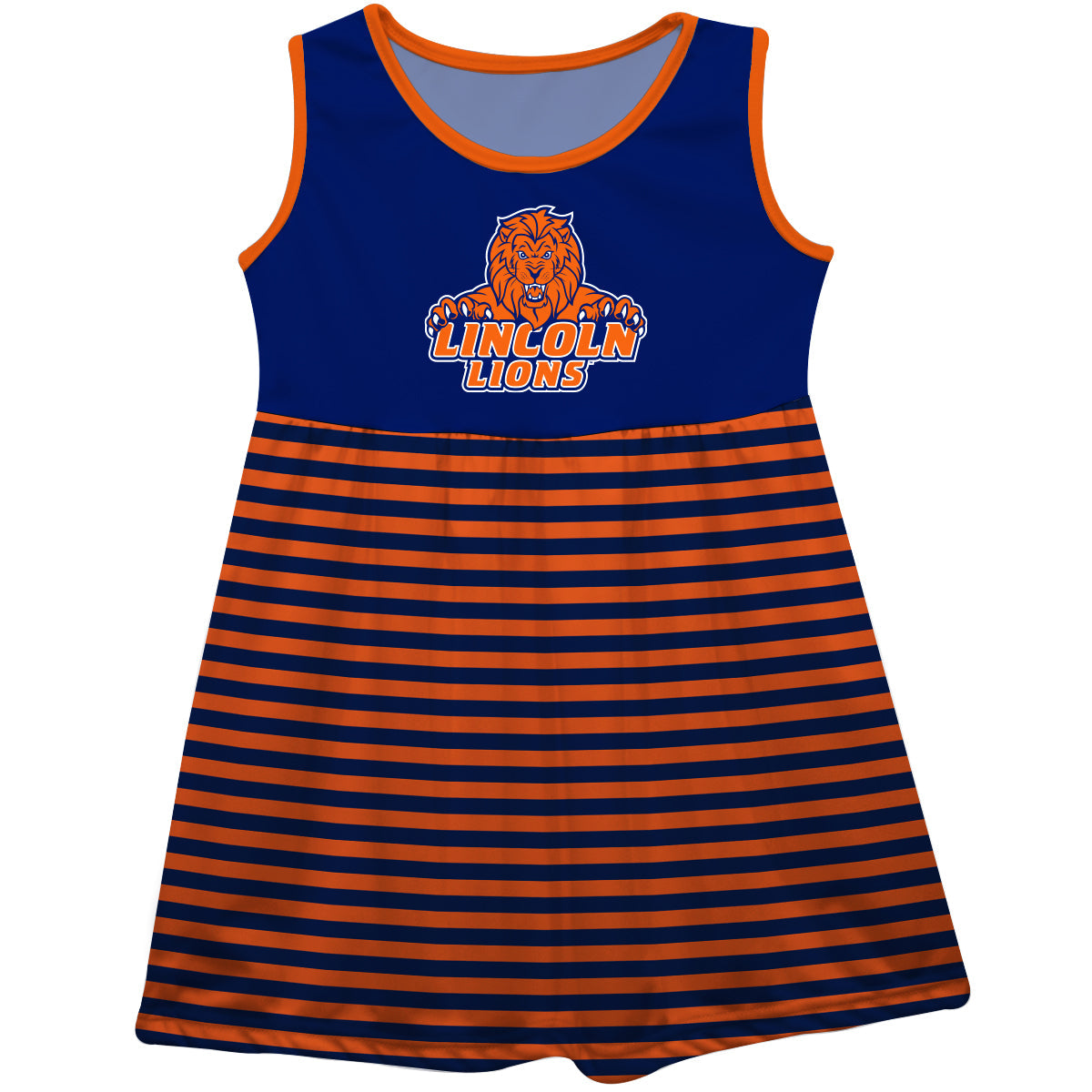 Lincoln University Lions LU Blue and Orange Sleeveless Tank Dress with Stripes on Skirt by Vive La Fete-Campus-Wardrobe