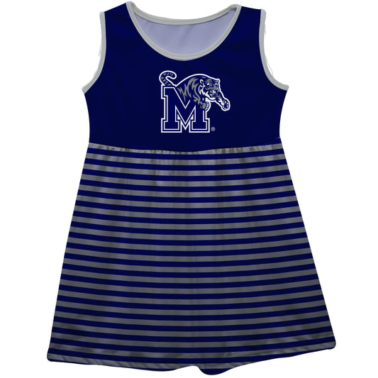 Memphis Tigers Girls Game Day Sleeveless Tank Dress Solid Blue Logo Stripes on Skirt by Vive La Fete-Campus-Wardrobe