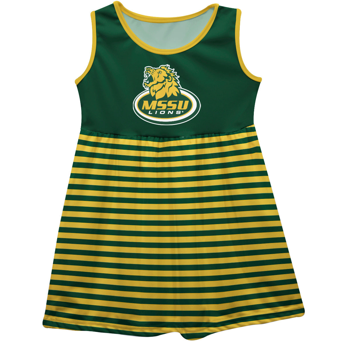 Missouri Southern Lions MSSU Girls Game Day Sleeveless Tank Dress Solid Green Logo Stripes on Skirt by Vive La Fete-Campus-Wardrobe