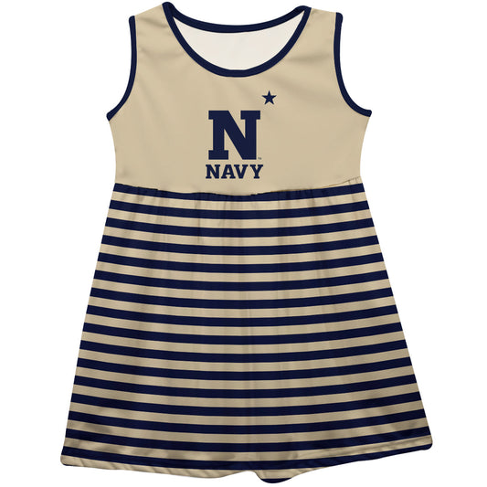 US Naval Academy Midshipmen Girls Game Day Sleeveless Tank Dress Solid Gold Logo Stripes on Skirt by Vive La Fete-Campus-Wardrobe