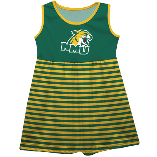 NMU Northern Michigan Wildcats Green and Gold Sleeveless Tank Dress with Stripes on Skirt by Vive La Fete-Campus-Wardrobe