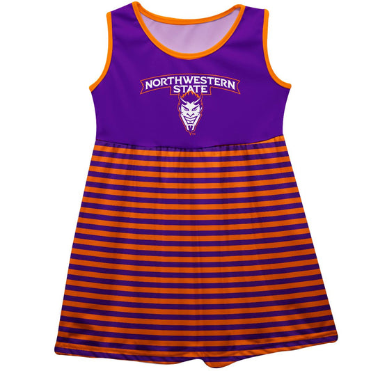 Northwestern State Demons Girls Game Day Sleeveless Tank Dress Solid Purple Mascot Stripes on Skirt by Vive La Fete-Campus-Wardrobe