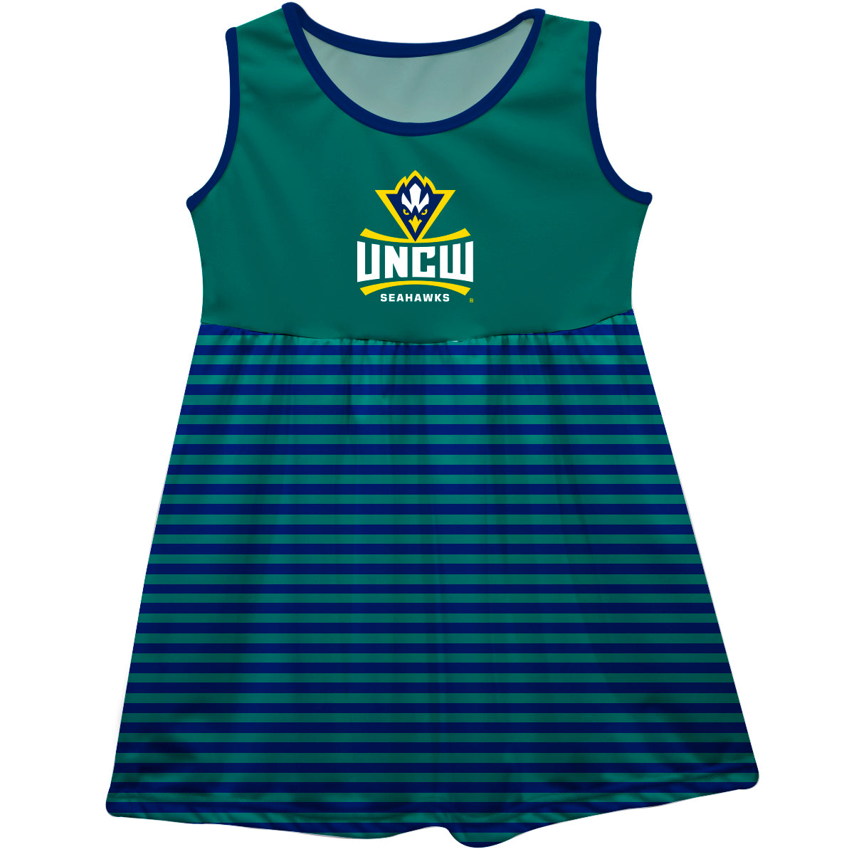 UNC Wilmington Seahawks UNCW Girls Game Day Sleeveless Tank Dress Solid Teal Logo Stripes on Skirt by Vive La Fete-Campus-Wardrobe