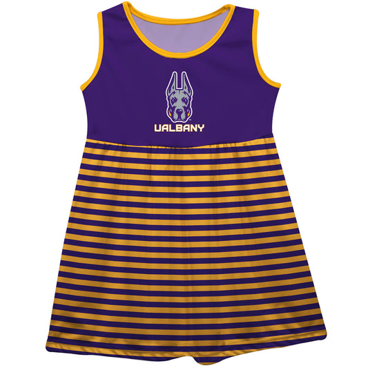 University at Albany Great Danes UALBANY Purple and Gold Sleeveless Tank Dress with Stripes on Skirt by Vive La Fete-Campus-Wardrobe