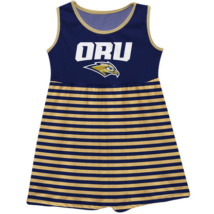 Oral Roberts University Golden Eagles Navy and Gold Sleeveless Tank Dress with Stripes on Skirt by Vive La Fete-Campus-Wardrobe