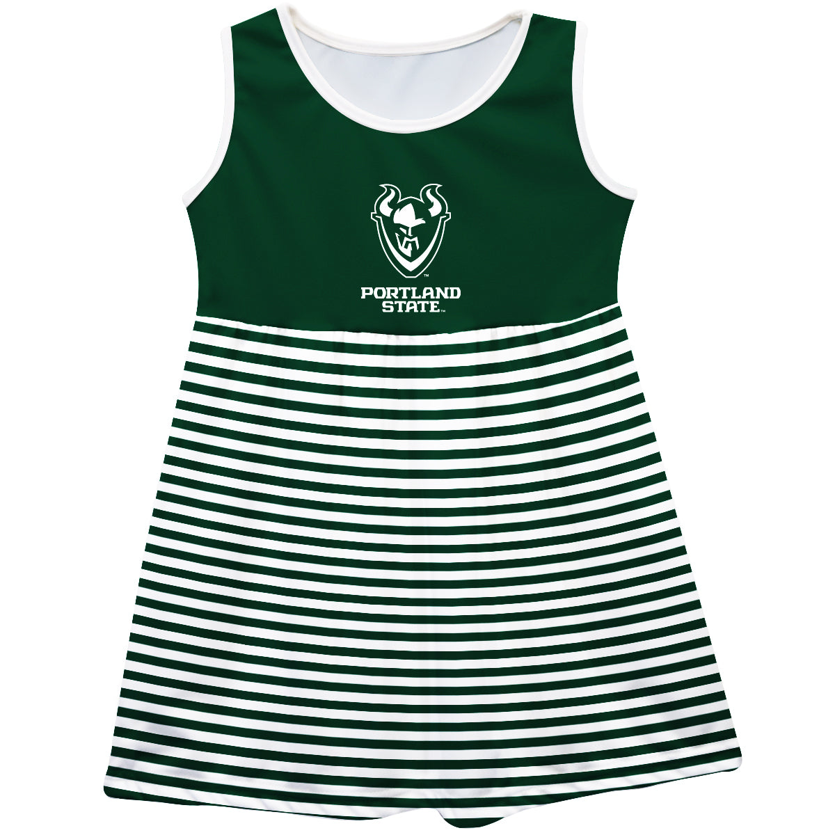 Portland State Vikings Girls Game Day Sleeveless Tank Dress Solid Green Logo Stripes on Skirt by Vive La Fete-Campus-Wardrobe