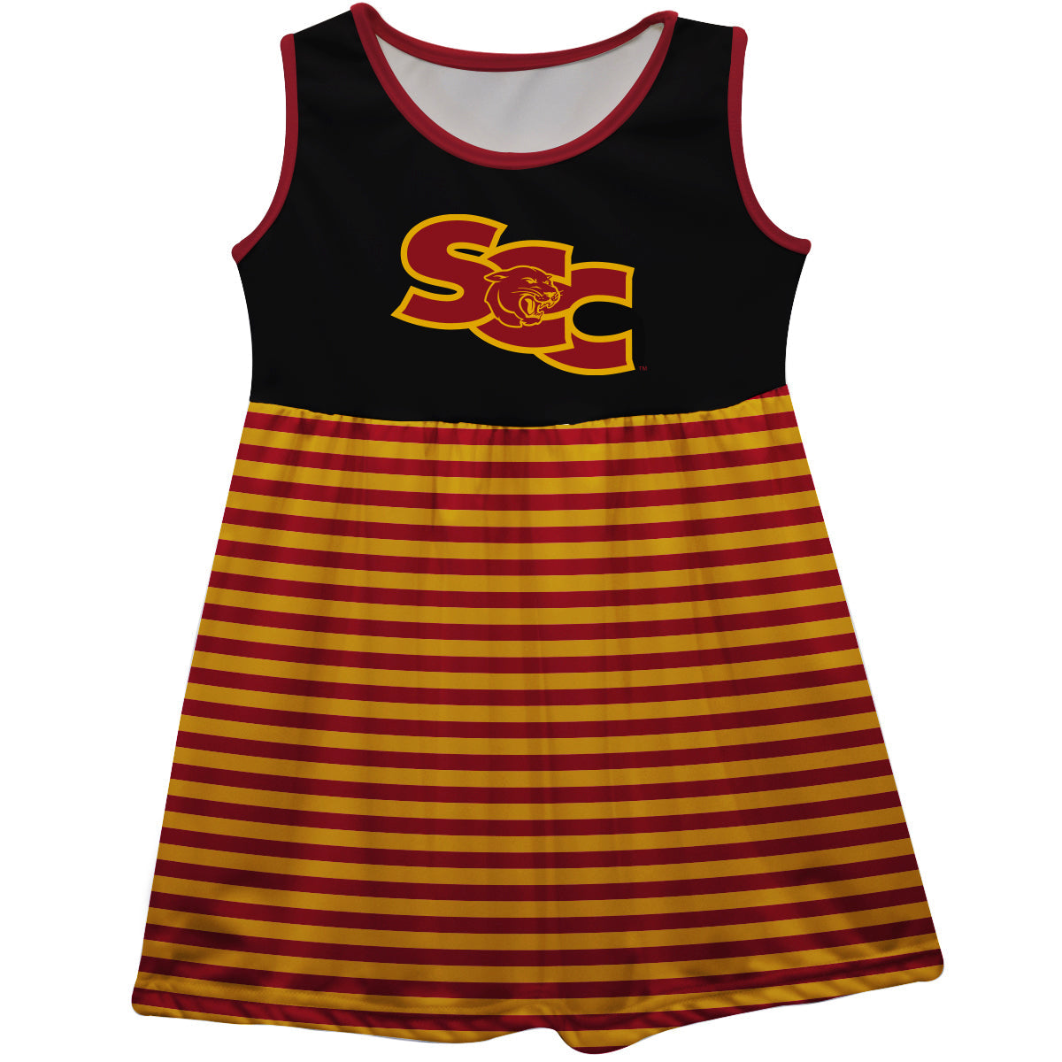 Sacramento City College Panthers Girls Game Day Sleeveless Tank Dress Solid Black Logo Stripes on Skirt by Vive La Fete-Campus-Wardrobe