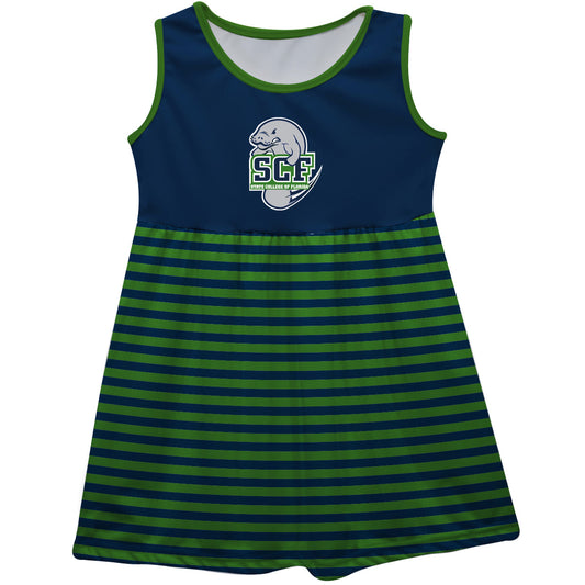 State College of Florida Manatees Girls Game Day Sleeveless Tank Dress Solid Navy Logo Stripes on Skirt by Vive La Fete-Campus-Wardrobe