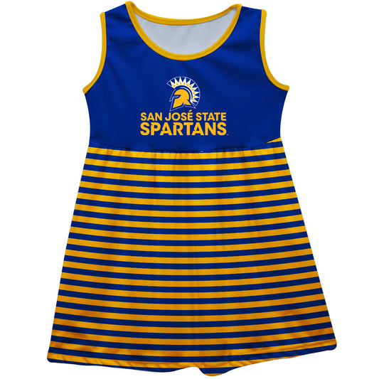 San Jose State University Spartans Girls Game Day Sleeveless Tank Dress Solid Blue Logo Stripes on Skirt by Vive La Fete-Campus-Wardrobe