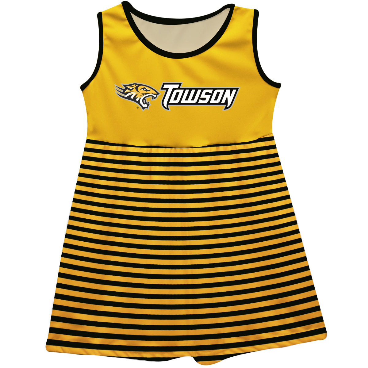 Towson University Tigers Girls Game Day Sleeveless Tank Dress Solid Gold Logo Stripes on Skirt by Vive La Fete-Campus-Wardrobe