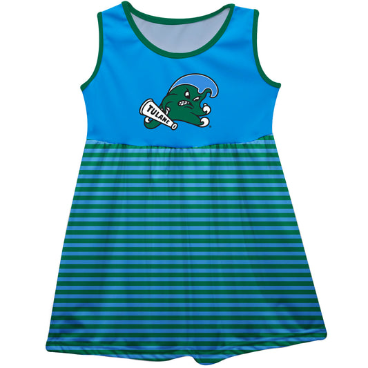 Tulane Green Wave Girls Game Day Sleeveless Tank Dress Solid Blue Logo Stripes on Skirt by Vive La Fete-Campus-Wardrobe