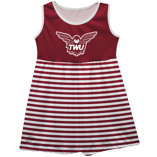 Texas Woman University Pioneers Girls Game Day Sleeveless Tank Dress Solid Maroon Mascot Stripes on Skirt by Vive La Fete-Campus-Wardrobe