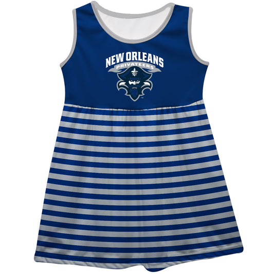 New Orleans Privateers UNO Girls Game Day Sleeveless Tank Dress Solid Blue Logo Stripes on Skirt by Vive La Fete-Campus-Wardrobe