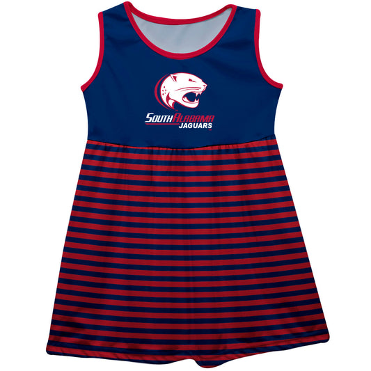 South Alabama Jaguars Girls Game Day Sleeveless Tank Dress Solid Blue Logo Stripes on Skirts by Vive La Fete-Campus-Wardrobe