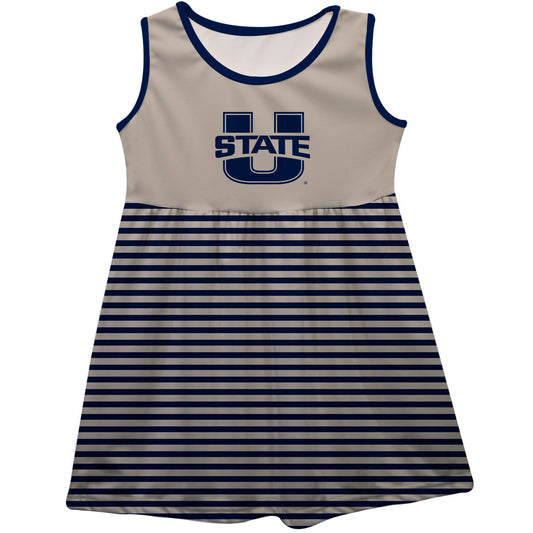 Utah State Aggies Girls Game Day Sleeveless Tank Dress Solid Gray Logo Stripes on Skirt by Vive La Fete-Campus-Wardrobe