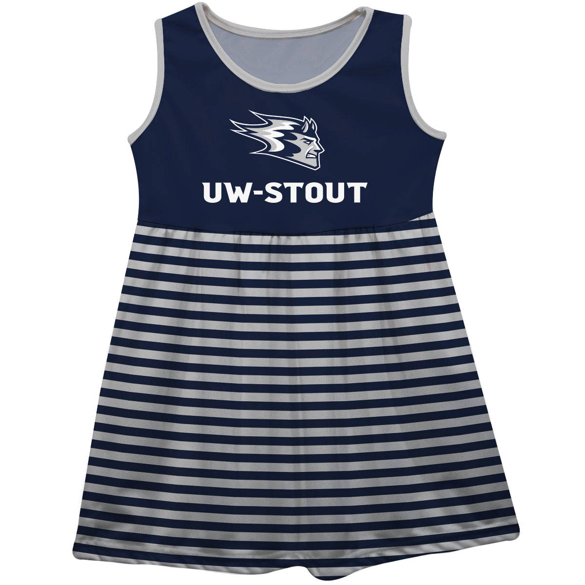 University of Wisconsin Stout Blue Devils UW Blue and White Sleeveless Tank Dress with Stripes on Skirt by Vive La Fete-Campus-Wardrobe