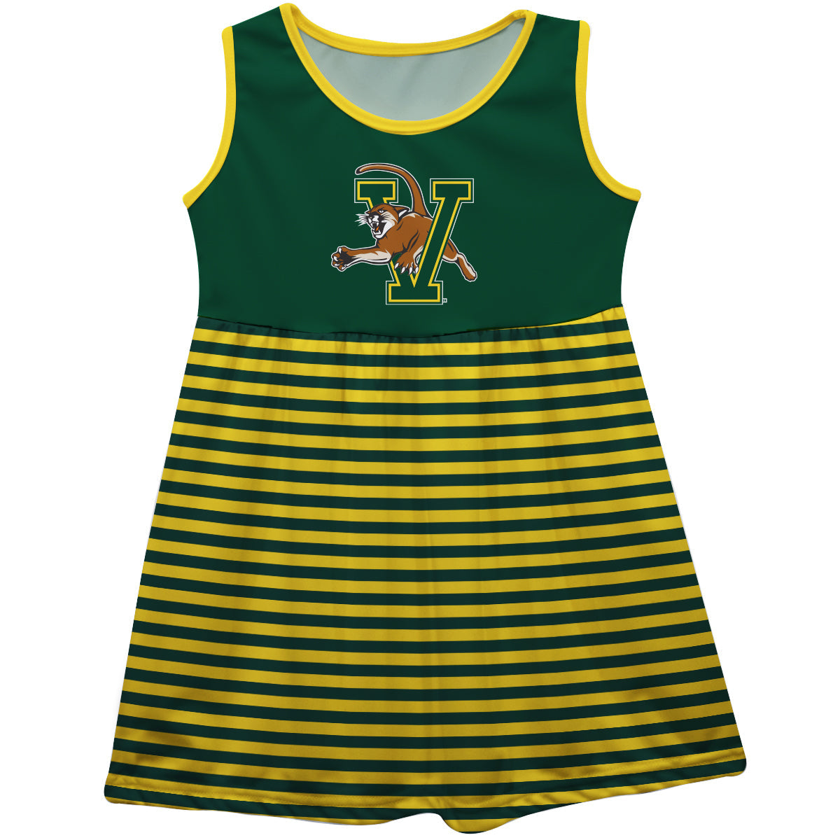 Vermont Catamounts Girls Game Day Sleeveless Tank Dress Solid Green Logo Stripes on Skirt by Vive La Fete-Campus-Wardrobe