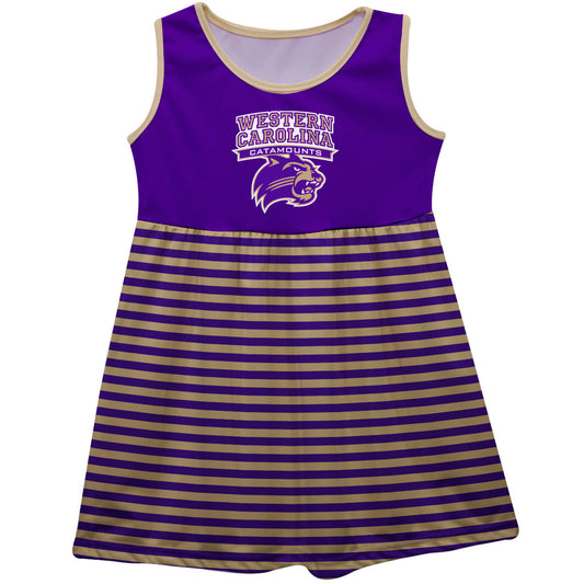 Western Carolina Catamounts Game Girls Day Sleeveless Tank Dress Solid Purple Logo Stripes on Skirt by Vive La Fete-Campus-Wardrobe