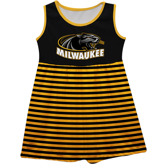 Milwaukee Panthers Girls Game Day Sleeveless Tank Dress Solid Black Logo Stripes on Skirt by Vive La Fete-Campus-Wardrobe