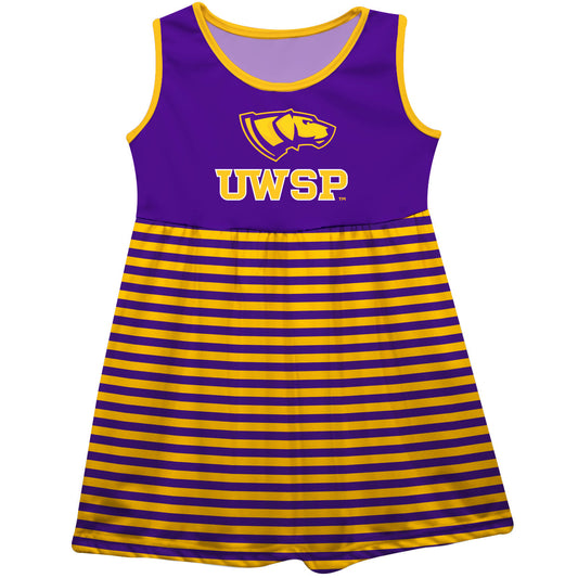 UWSP Wisconsin Stevens Point Pointers Purple and Gold Sleeveless Tank Dress with Stripes on Skirt by Vive La Fete-Campus-Wardrobe