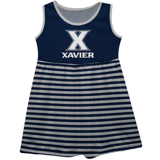 Xavier University Muskateers Girls Game Day Sleeveless Tank Dress Solid Navy Logo Stripes on Skirt by Vive La Fete-Campus-Wardrobe