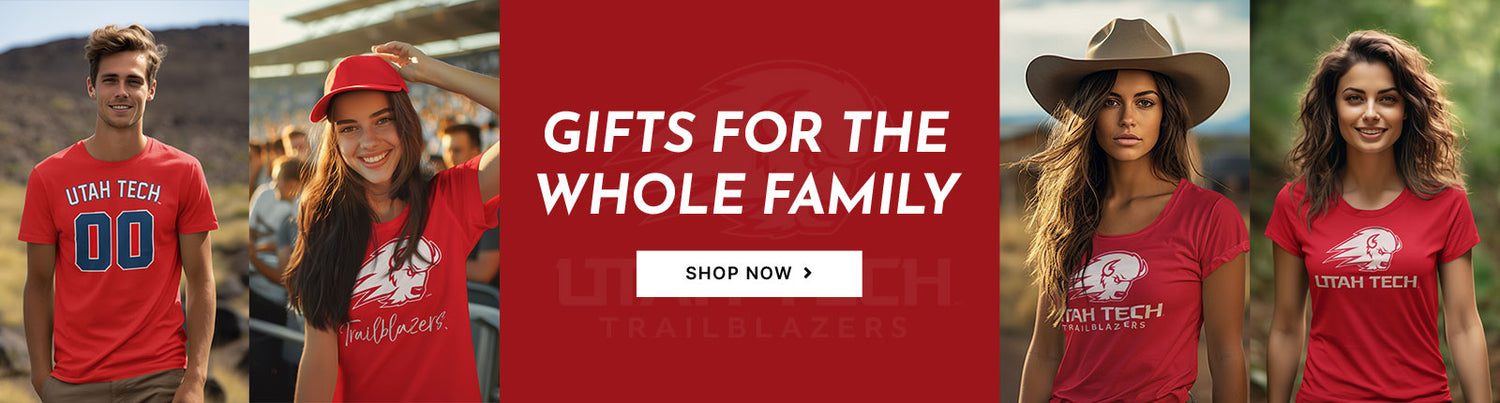 Gifts for the Whole Family. People wearing apparel from Utah Tech University Trailblazers Official Team Apparel