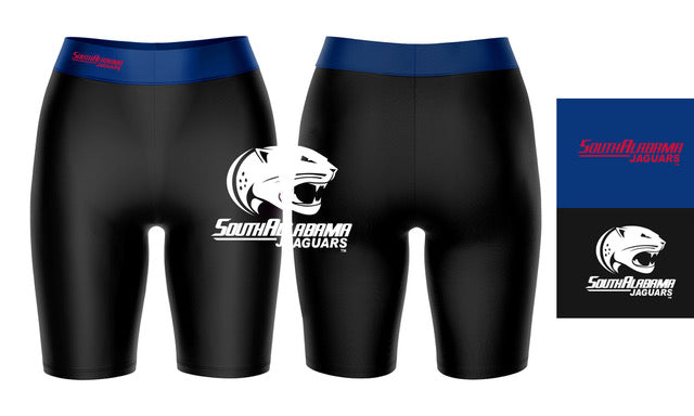 South Alabama Jaguars Game Day Logo on Thigh and Waistband Black and Blue Womens Bike Shorts by Vive La Fete