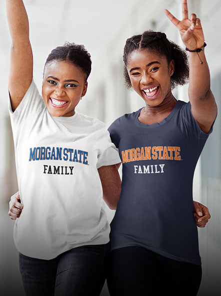 Two girls wearing Morgan State University Bears tees with word family