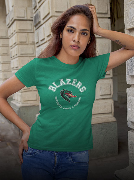 A girl is wearing a University Of Alabama At Birmingham Blazer t-shirt of football design
