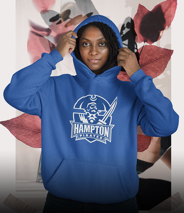 A black girl is wearing a Hampton University Pirates hoodie